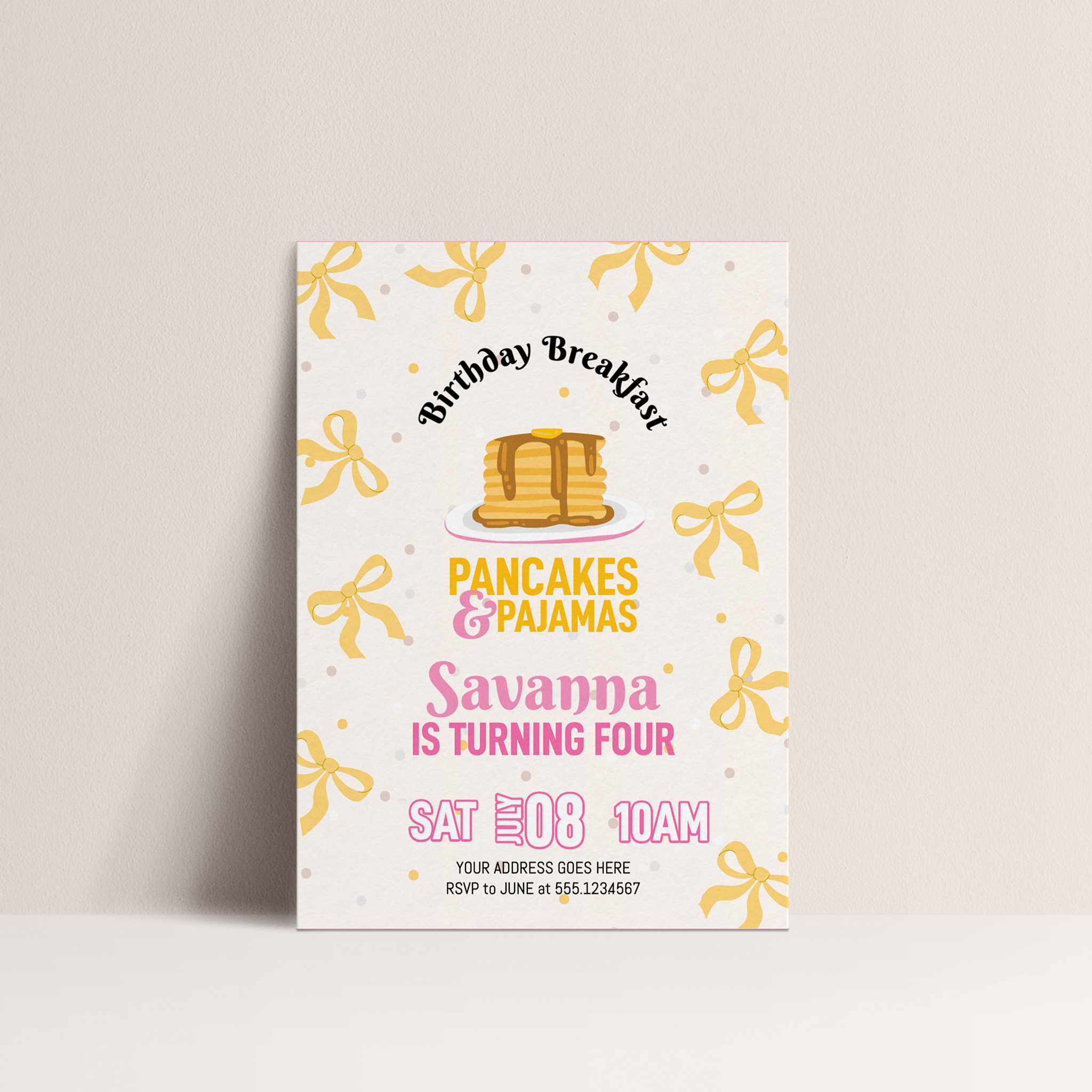 Pancake Party Bow Breakfast Birthday Invitation – Editable Digital Template