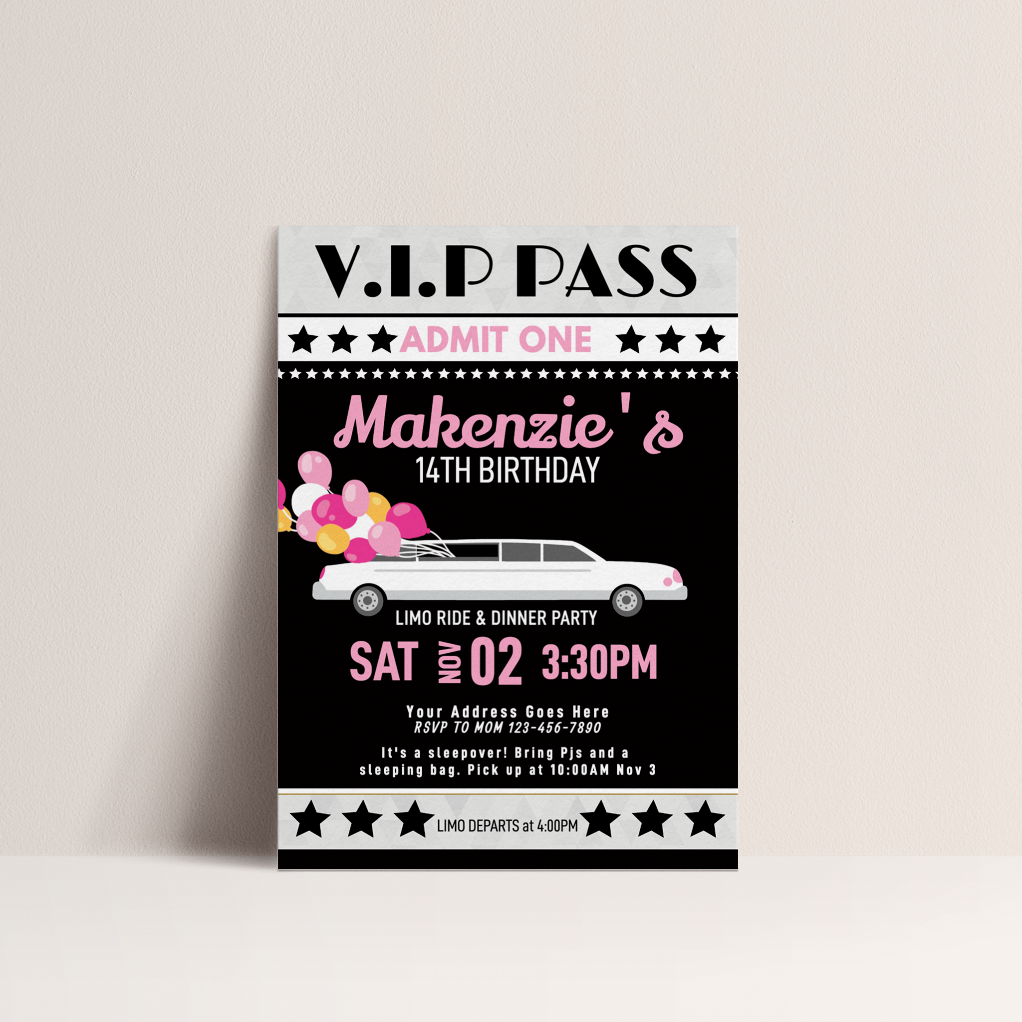 VIP PASS Party Pink Limo Birthday Invitation – Editable Digital Template
