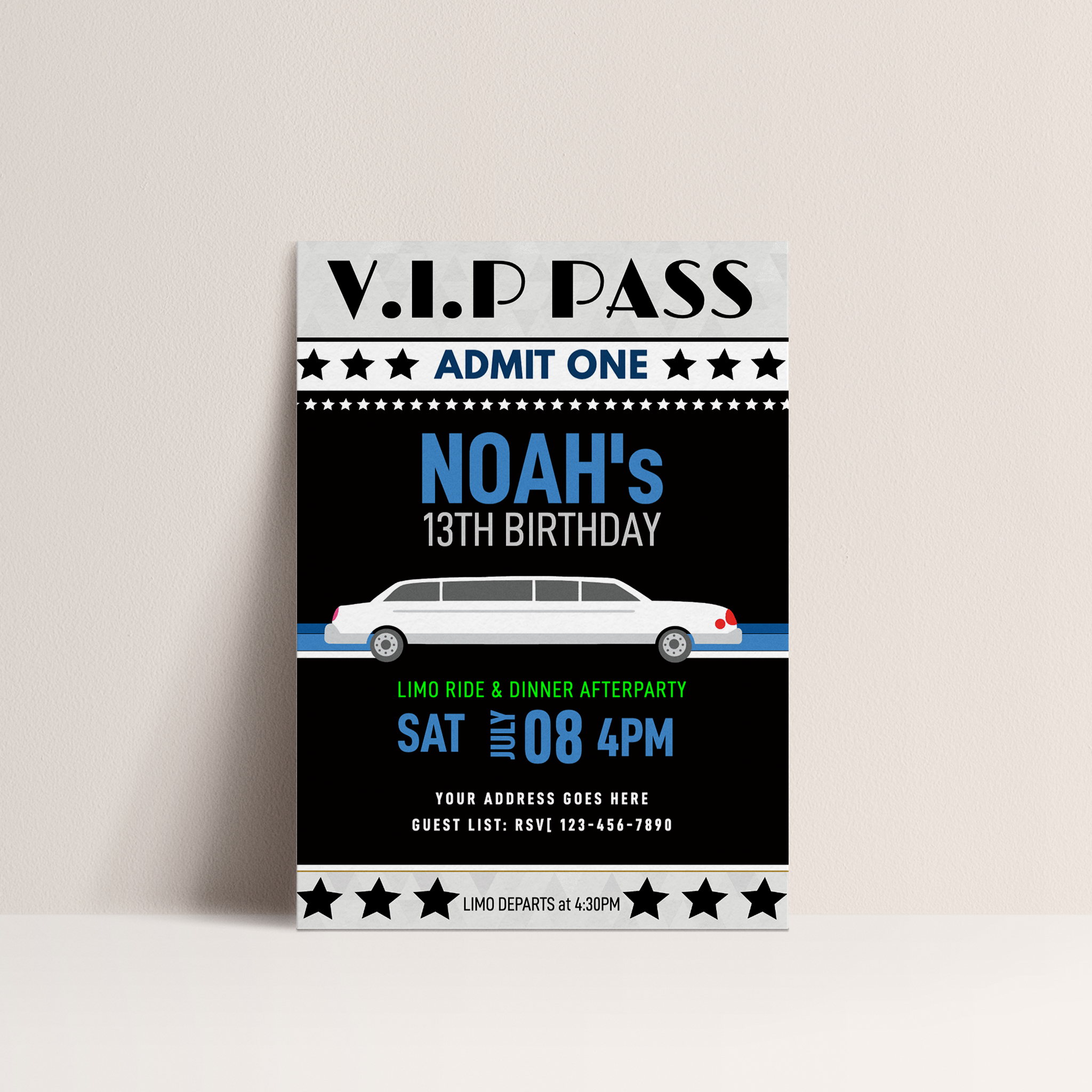 VIP PASS Party Limo Birthday Invitation – Editable Digital Template